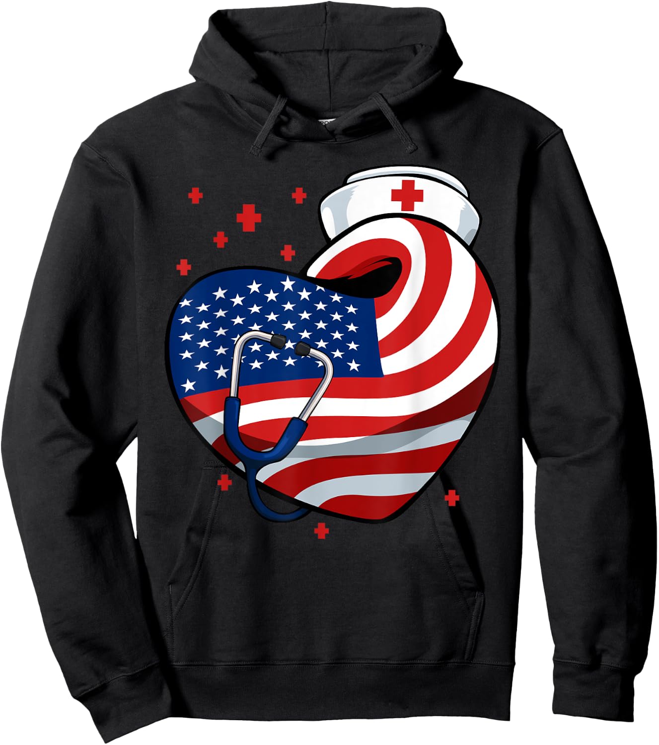 Patriotic Nurse 4th Of July American Flag Heart Stethoscope Hoodie - Hoodie | Black
