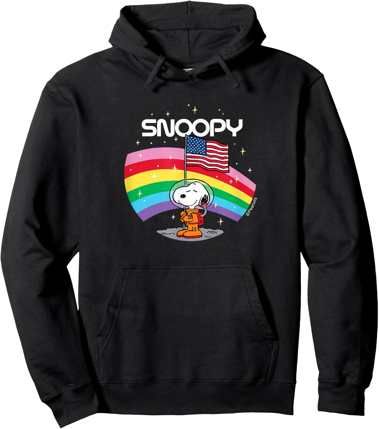 Peanuts - Snoopy Rainbow Space Beagle Badge with USA Flag Hoodie - Hoodie | Black