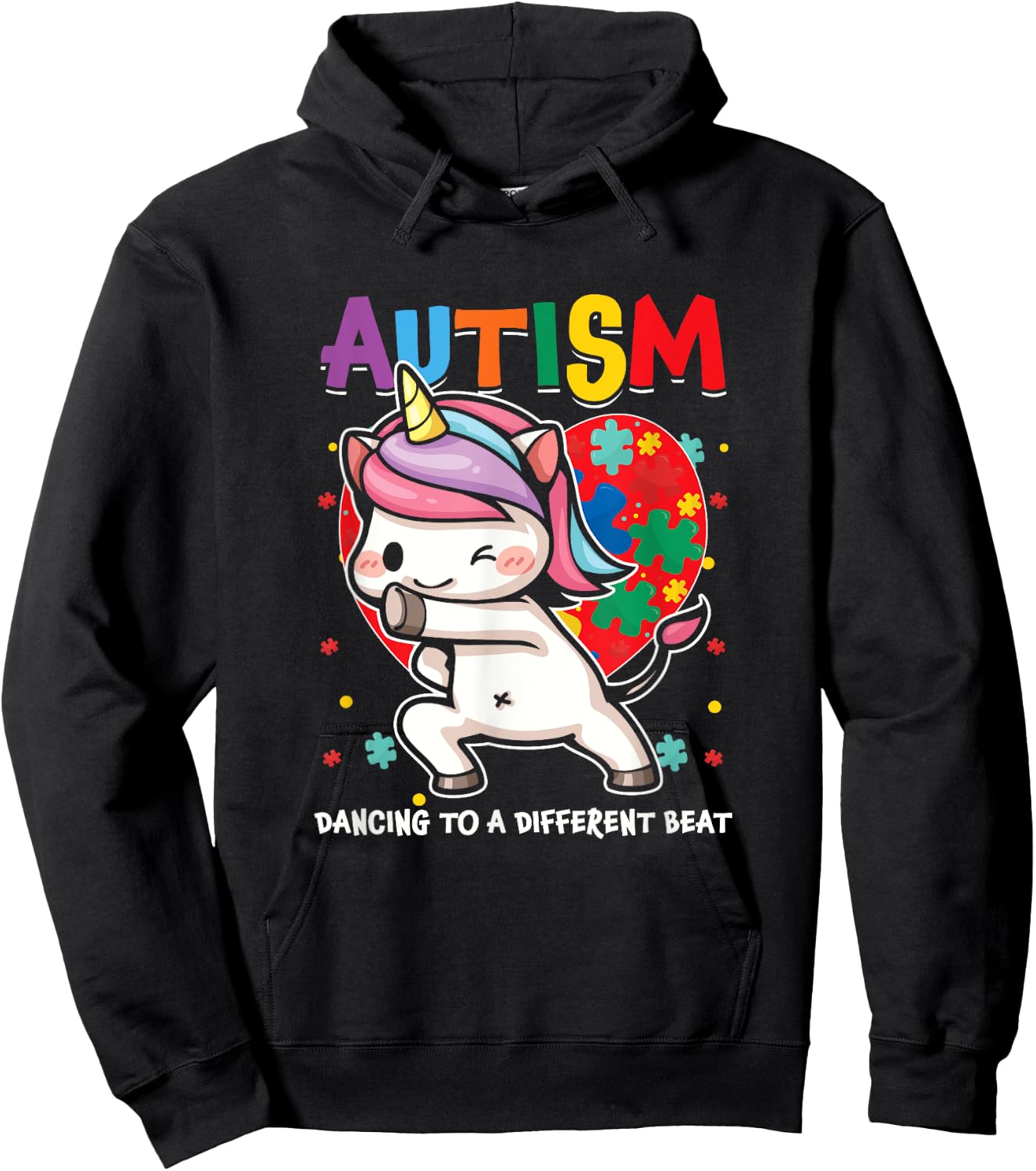 Autistic Unicorn Autism Awareness Heart Ribbon Puzzle Health Hoodie - Hoodie | Black