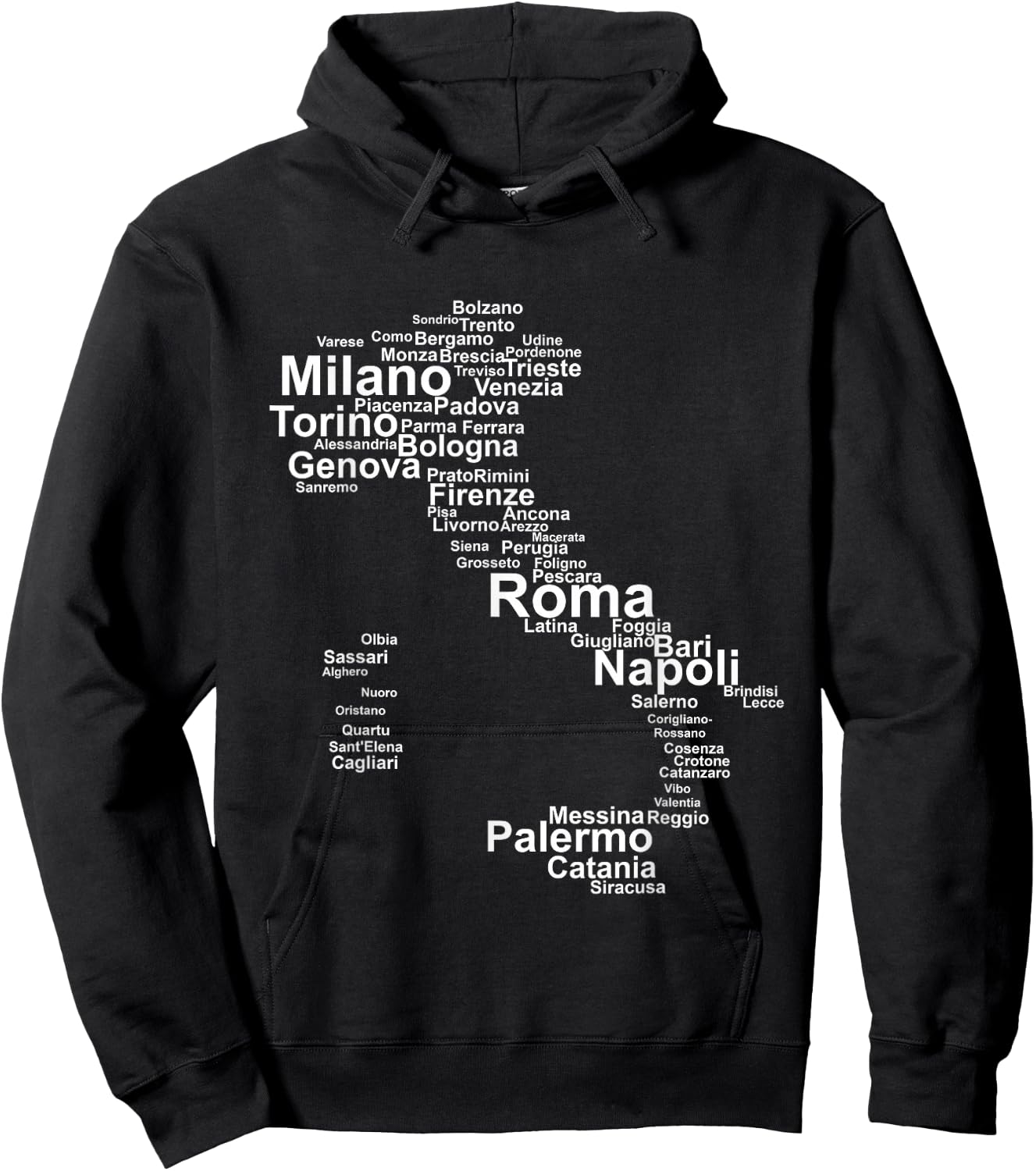 Italy Map Silhouette Towns Cities Rome Milan Travel Europe Hoodie - Hoodie | Black