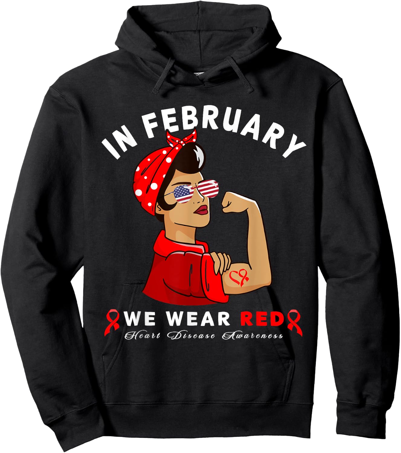 "In February we wear Red" Sunglasses Heart Disease Awareness Hoodie - Hoodie | Black