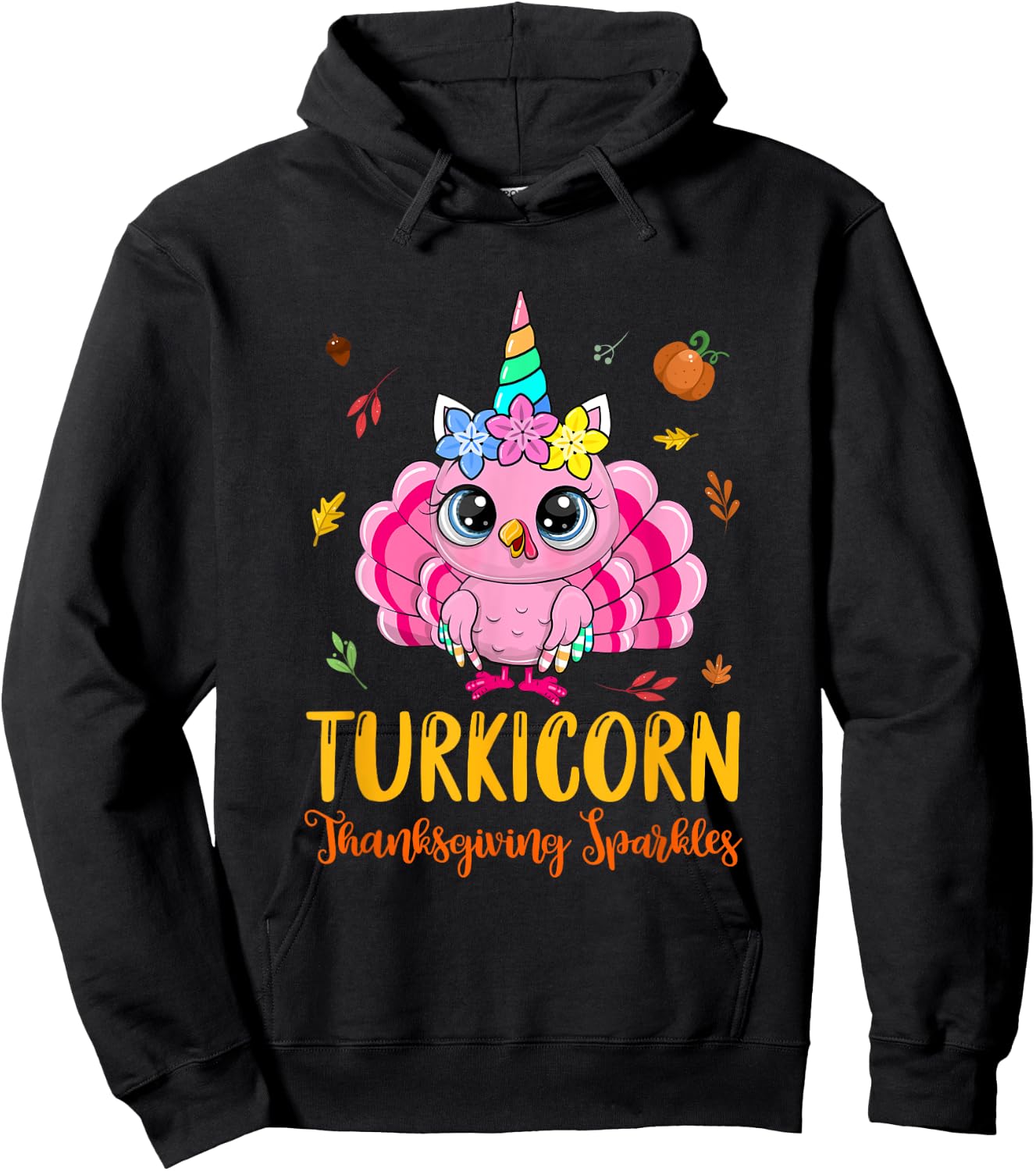 Cute Unicorn Turkey Funny Thanksgiving Turkicorn Girl Kids Hoodie - Hoodie | Black