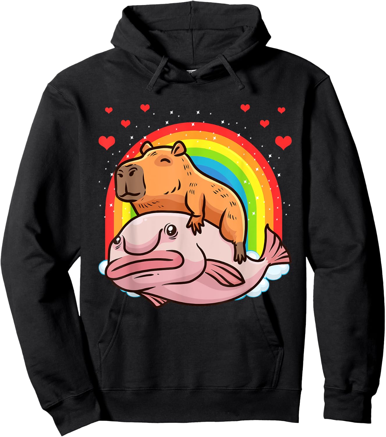 Capybara Giant Cavy Rodent With Rainbow Hearts Blobfish Hoodie - Hoodie | Black