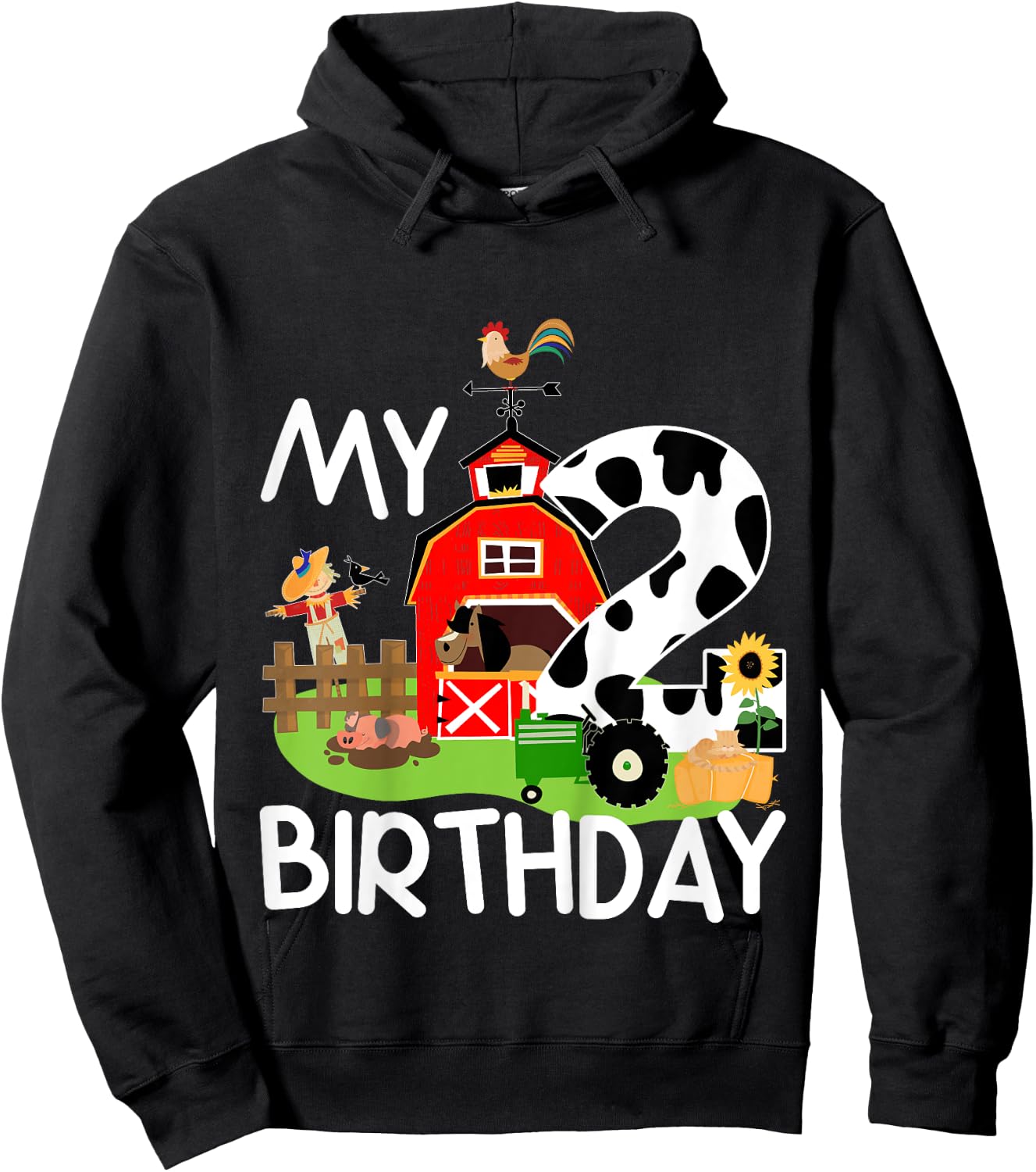 2nd Birthday Shirt Farm Tractor Pig Horse Cow Chicken Cat Girls Kids Hoodie - Hoodie | Black