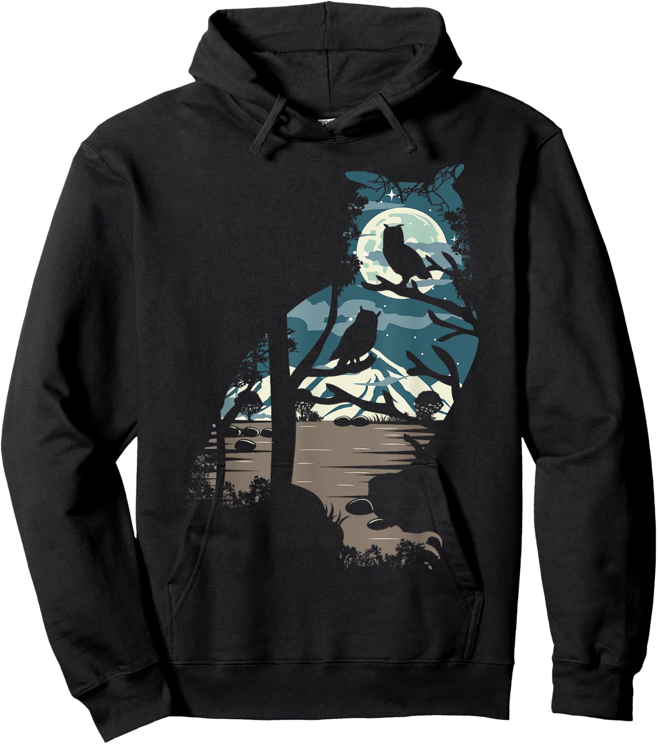 Nature Moon Mountain Tree at Night - Owl Hoodie - Hoodie | Black
