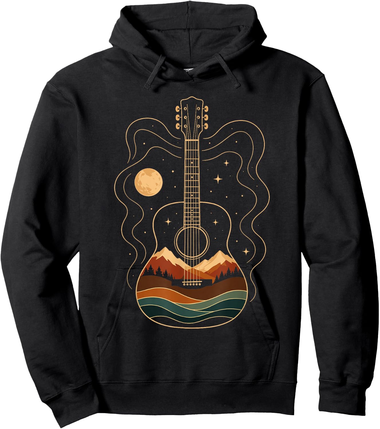 Acoustic Guitar Mountain Moon Nature Music Hoodie - Hoodie | Black