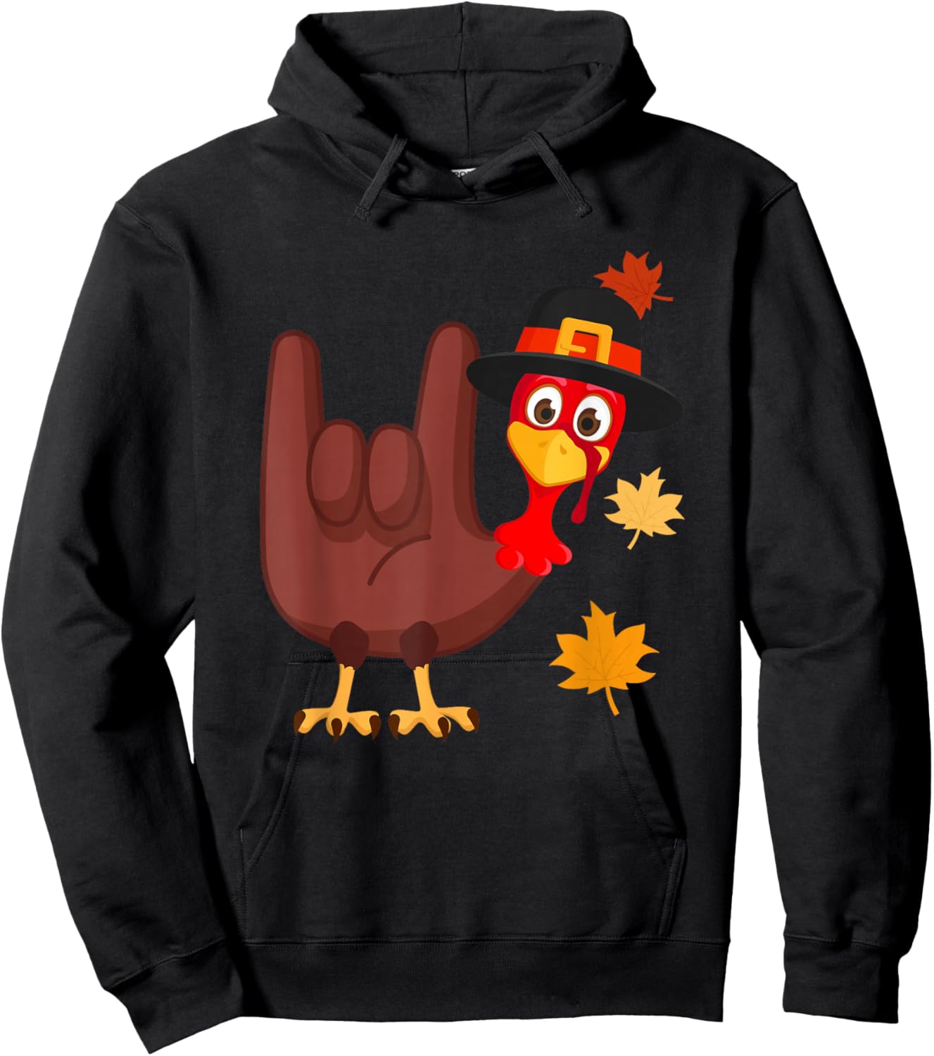 Zone - 365 Thanksgiving ASL Funny Turkey -Adults Black Modern Cartoon Hoodie - Hoodie | Black