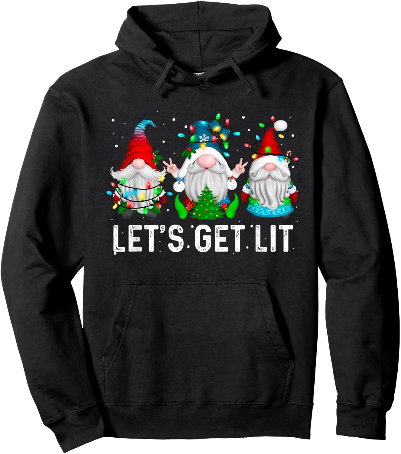 Let's Get Lit Funny Gnome Christmas Drinking Xmas Lights Hoodie - Hoodie | Black