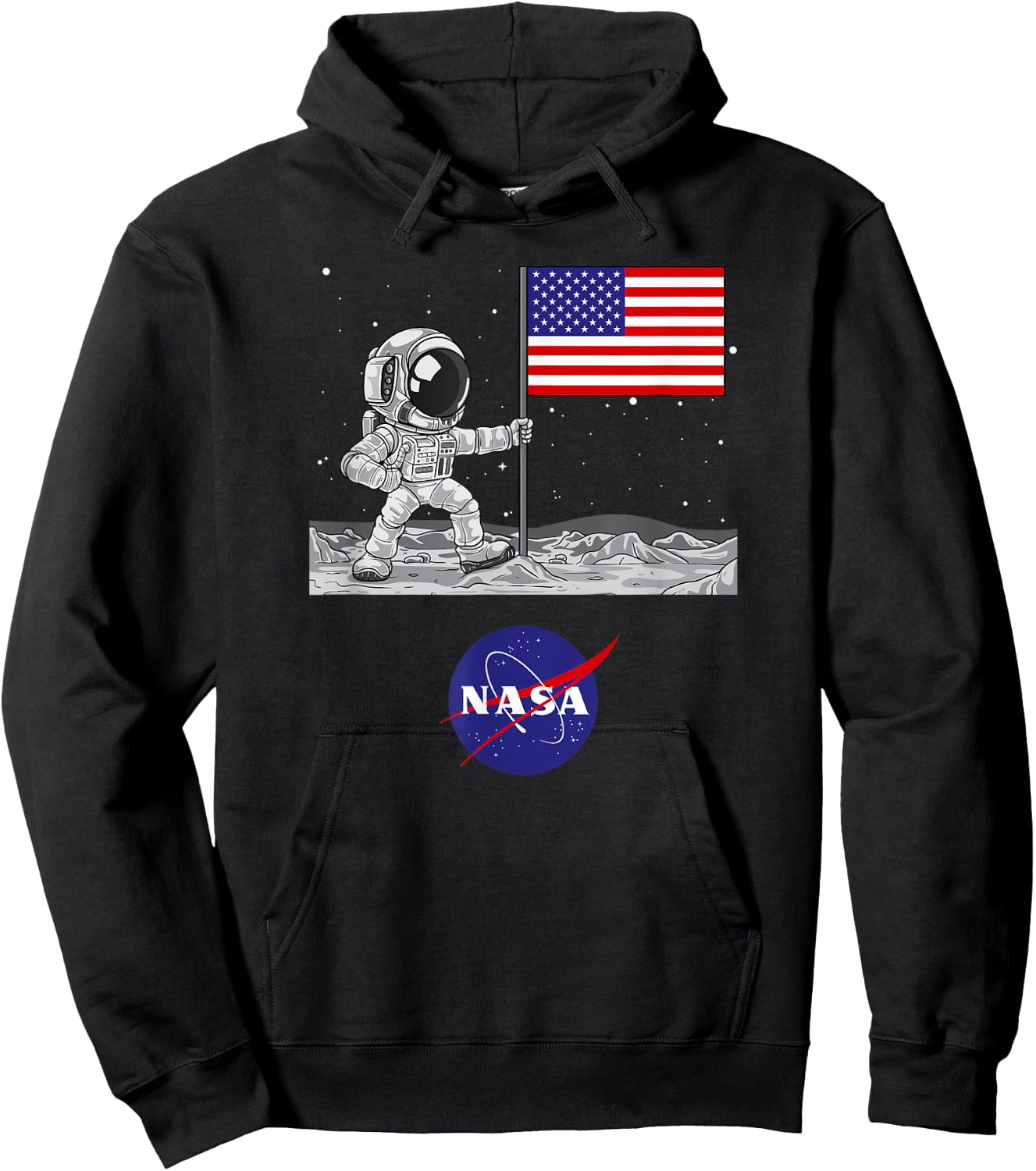 NASA Space - Astronaut and US Flag on Moon Hoodie - Hoodie | Black