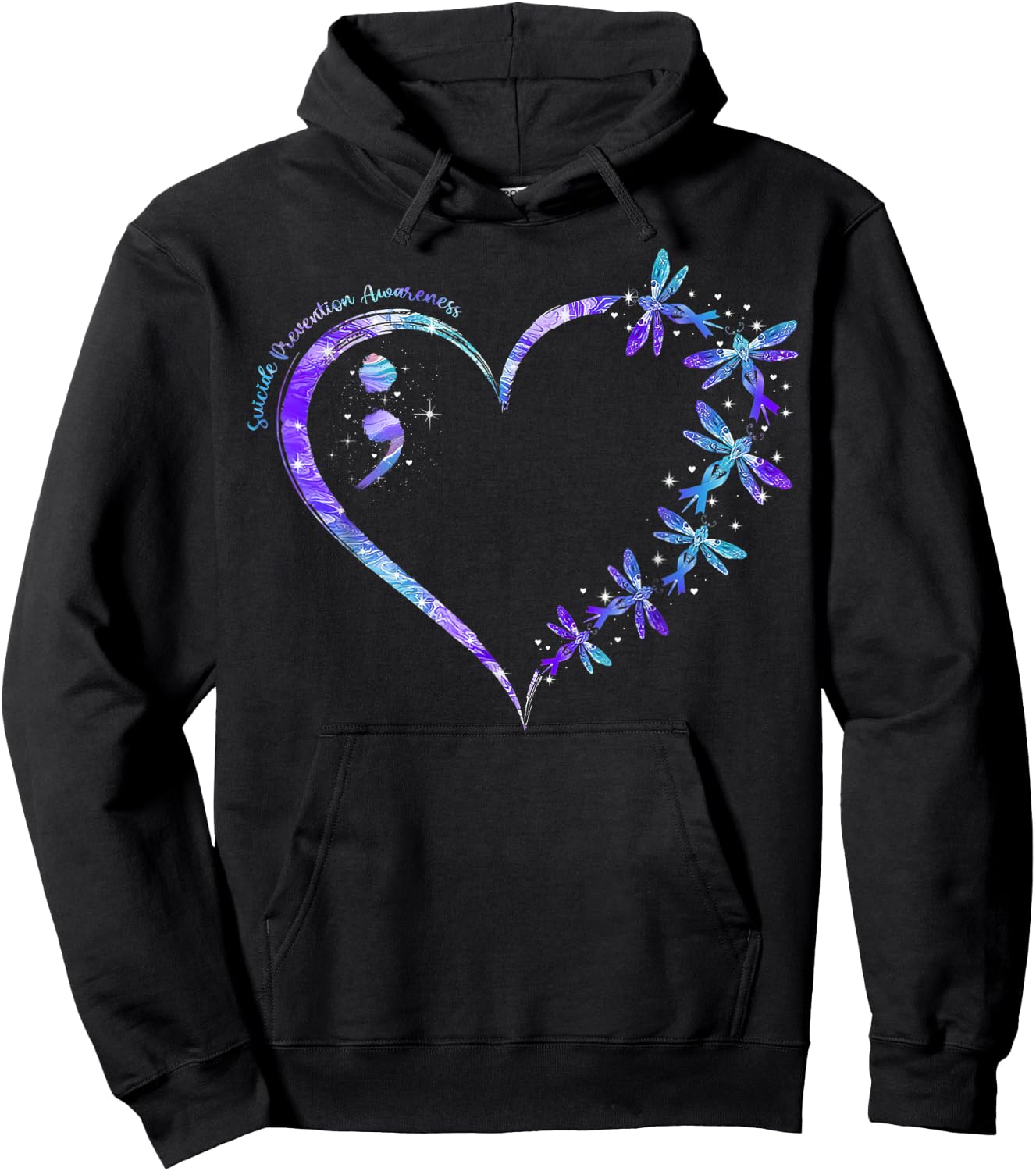 Suicide Prevention Awareness Week Heart Semicolon Dragonfly Hoodie - Hoodie | Black