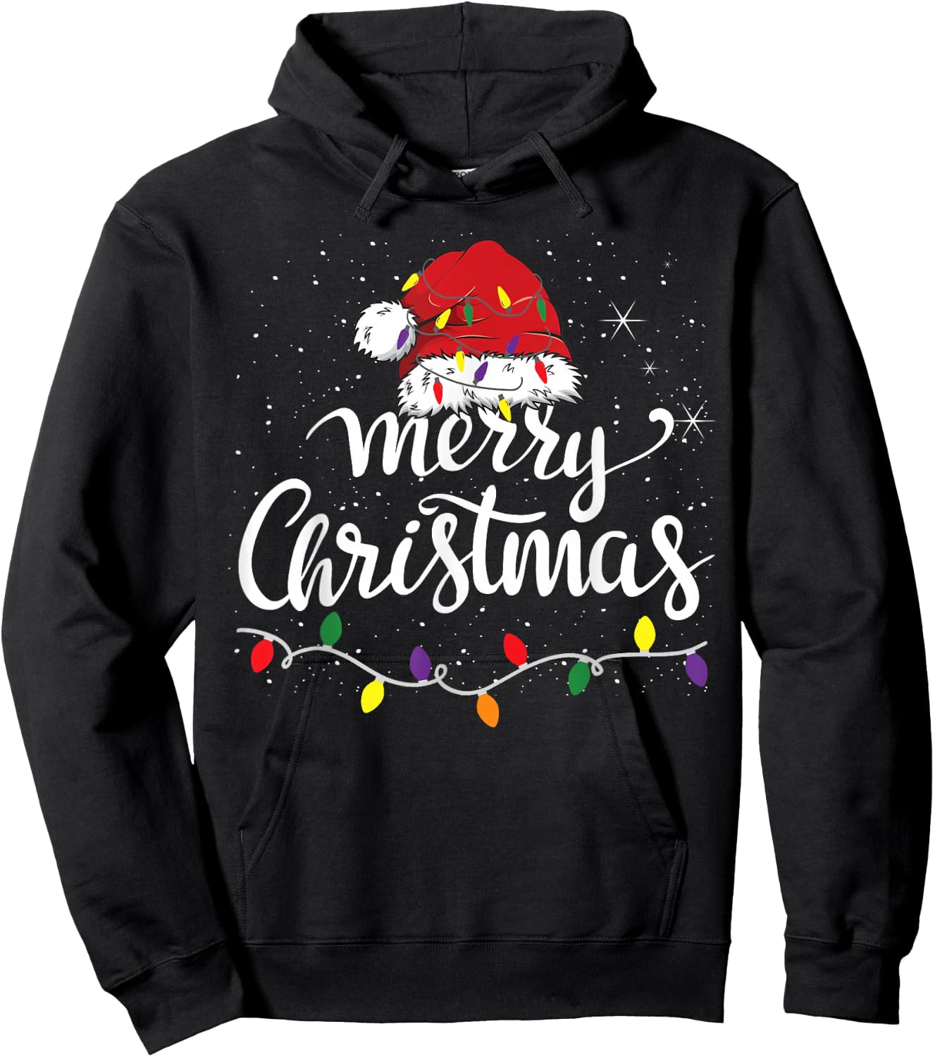 Merry Christmas Lights Red Santa Hat Xmas Family Men Women Hoodie - Hoodie | Black