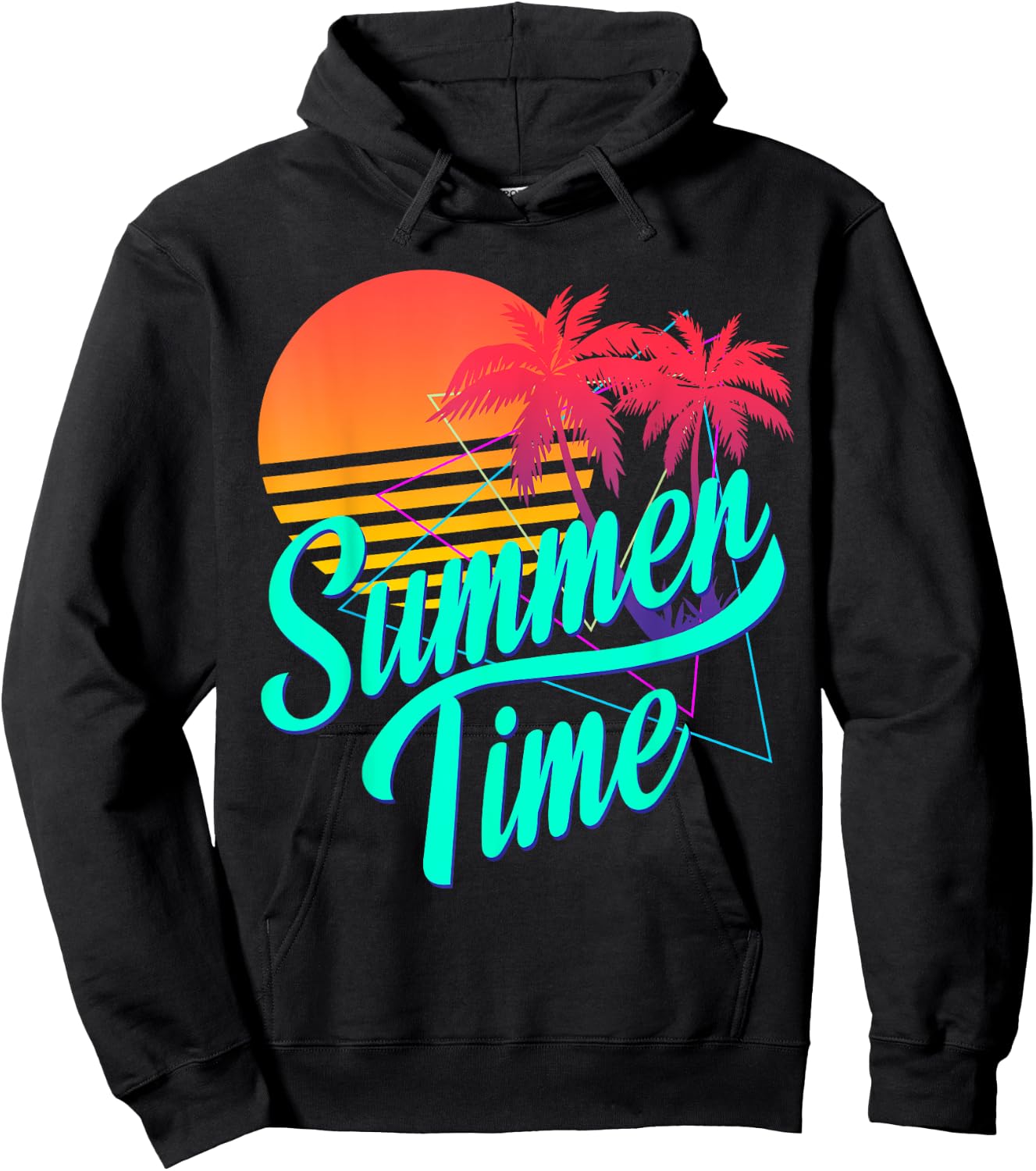 Summer Time - Retro 80s Beach Scene with Palm Trees & Sunset Men Women Kids Hoodie - Hoodie | Black