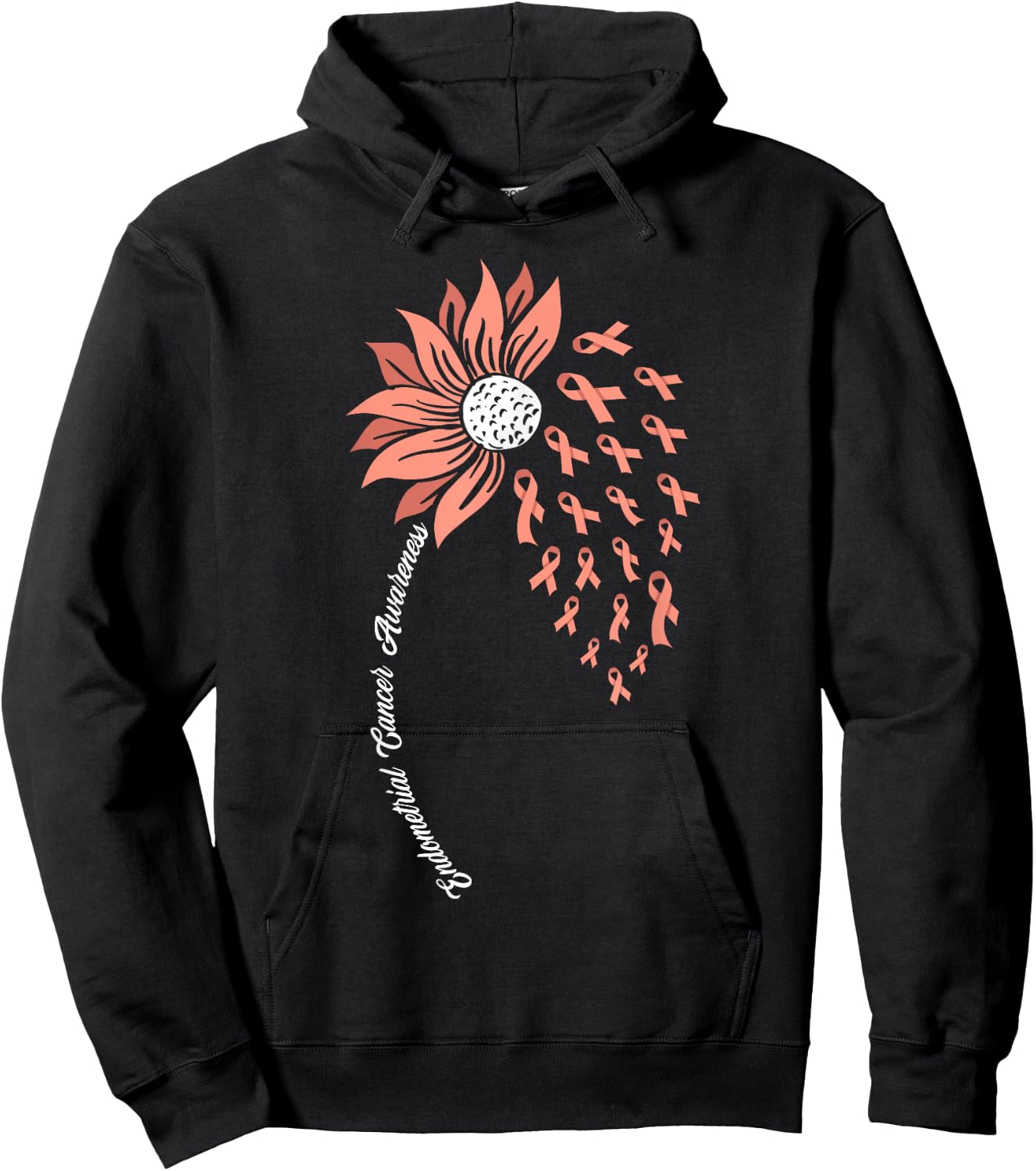 Sunflower Peach Ribbon Support Endometrial Cancer Awareness Hoodie - Hoodie | Black