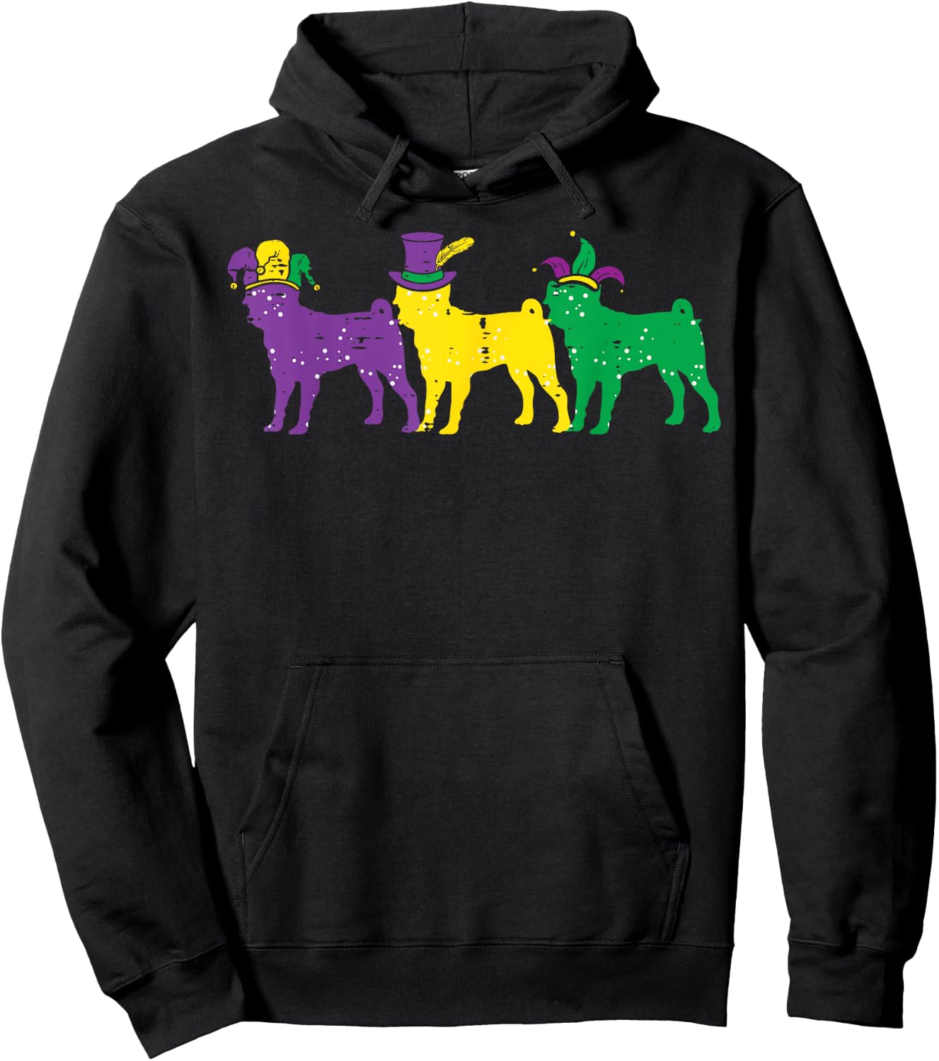 Pug Dogs Purple Yellow Louisiana Mardi Gras Women Men Kids Hoodie - Hoodie | Black