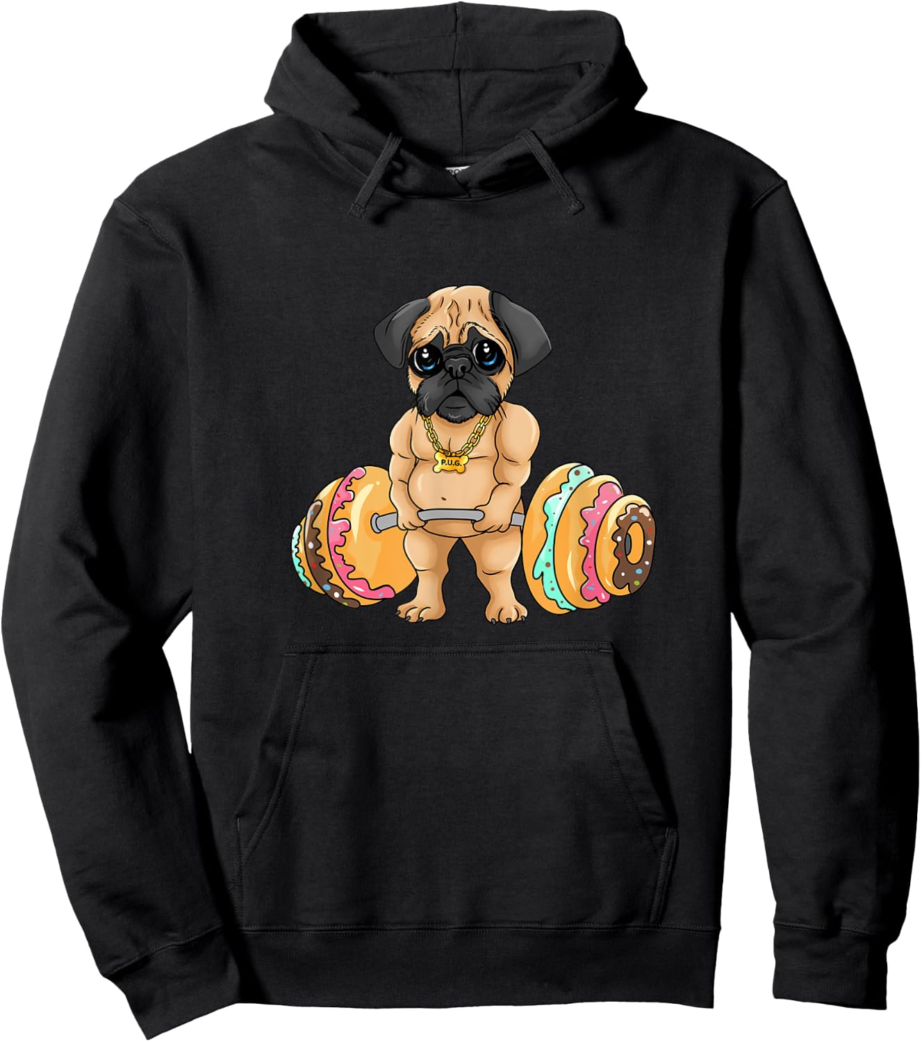 Pug Deadlifting Donuts, Fitness, Funny, Cute, Gym, Pug Hoodie - Hoodie | Black
