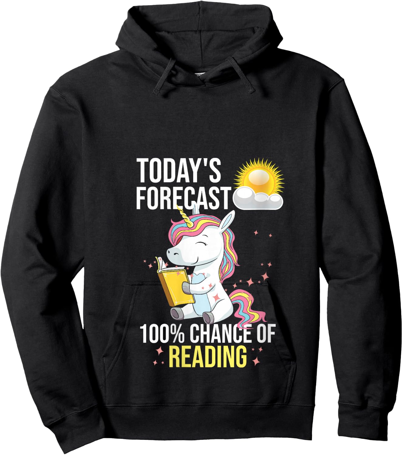 Women's 100% Chance of Reading Funny Book Lover Unicorn V-Neck Hoodie - Hoodie | Black