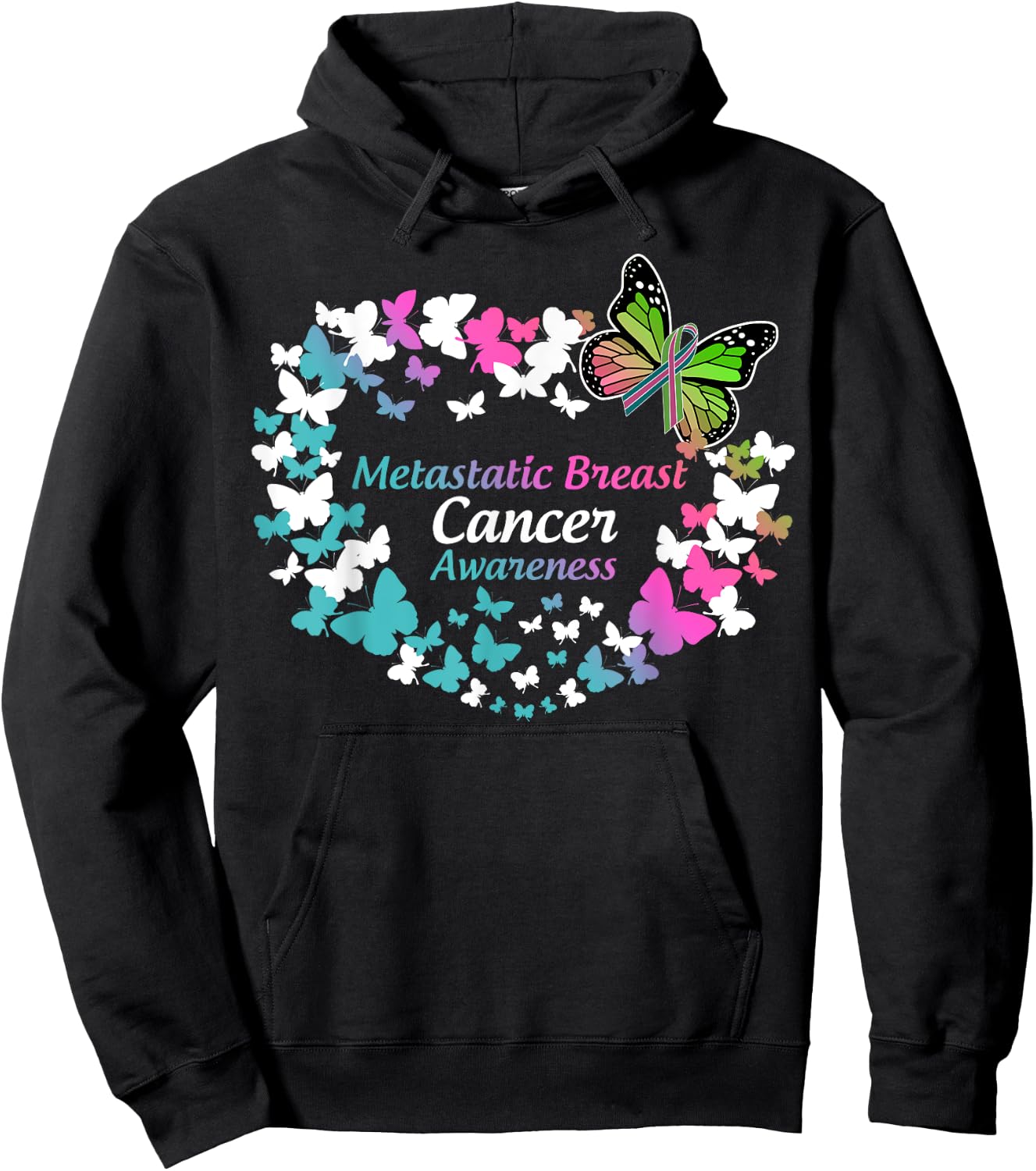 Butterfly Metastatic Breast Cancer Green Teal Pink Ribbon Hoodie - Hoodie | Black