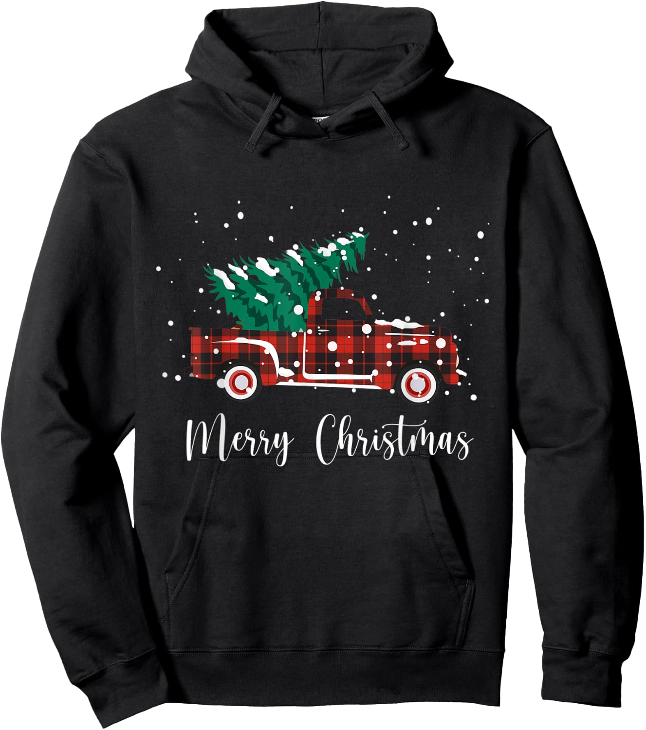 Merry Christmas Buffalo Truck Tree Red Plaid Hoodie - Hoodie | Black