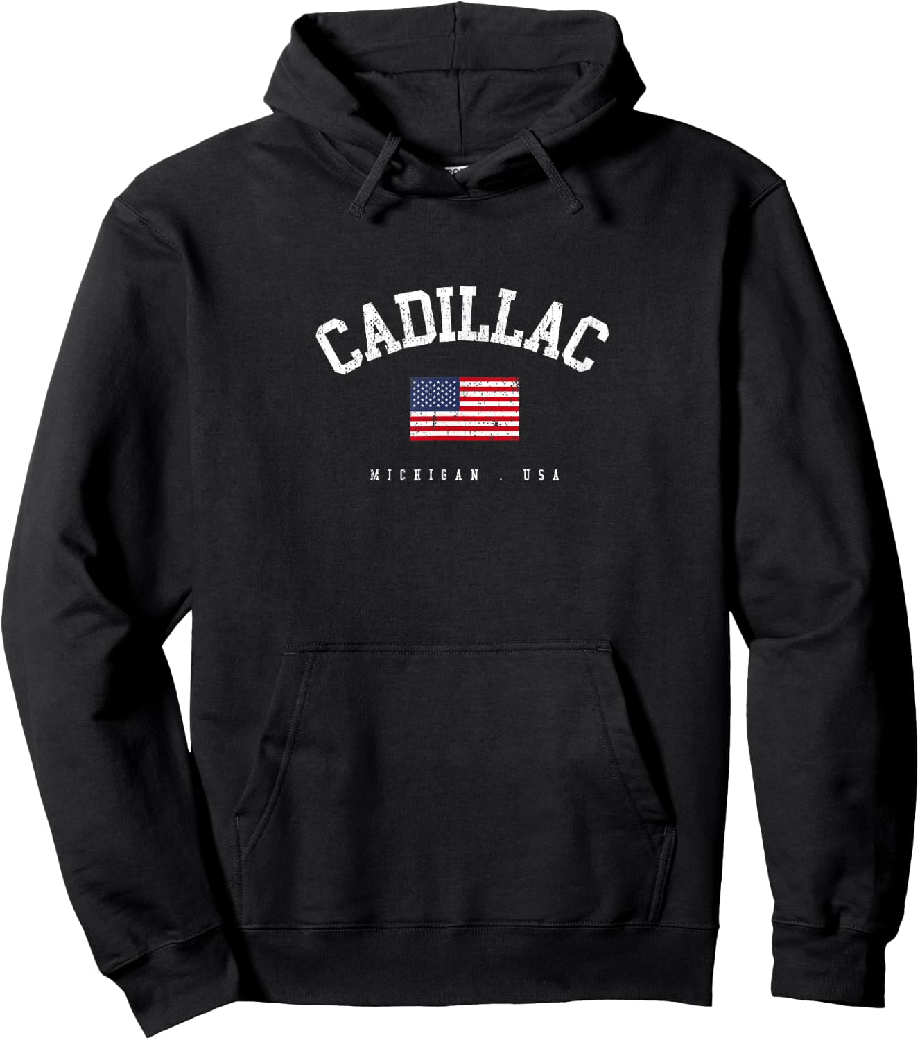 Cadillac MI Retro American Flag USA City Name Hoodie - Hoodie | Black