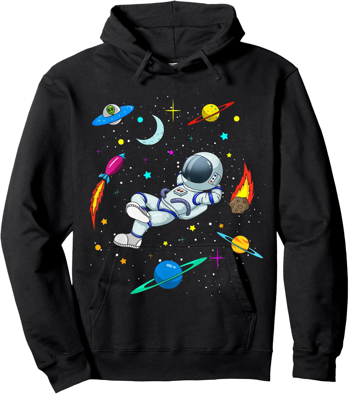 Cute Astronaut in Outer Space with Rockets and Aliens - Boys Hoodie - Hoodie | Black