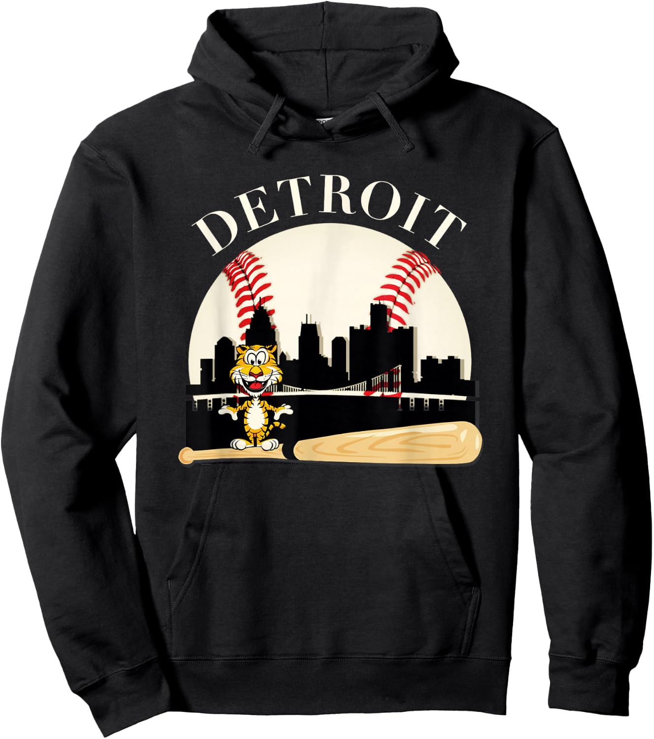 Detroit Baseball Tiger Mascot and Skyline Design Hoodie - Hoodie | Black