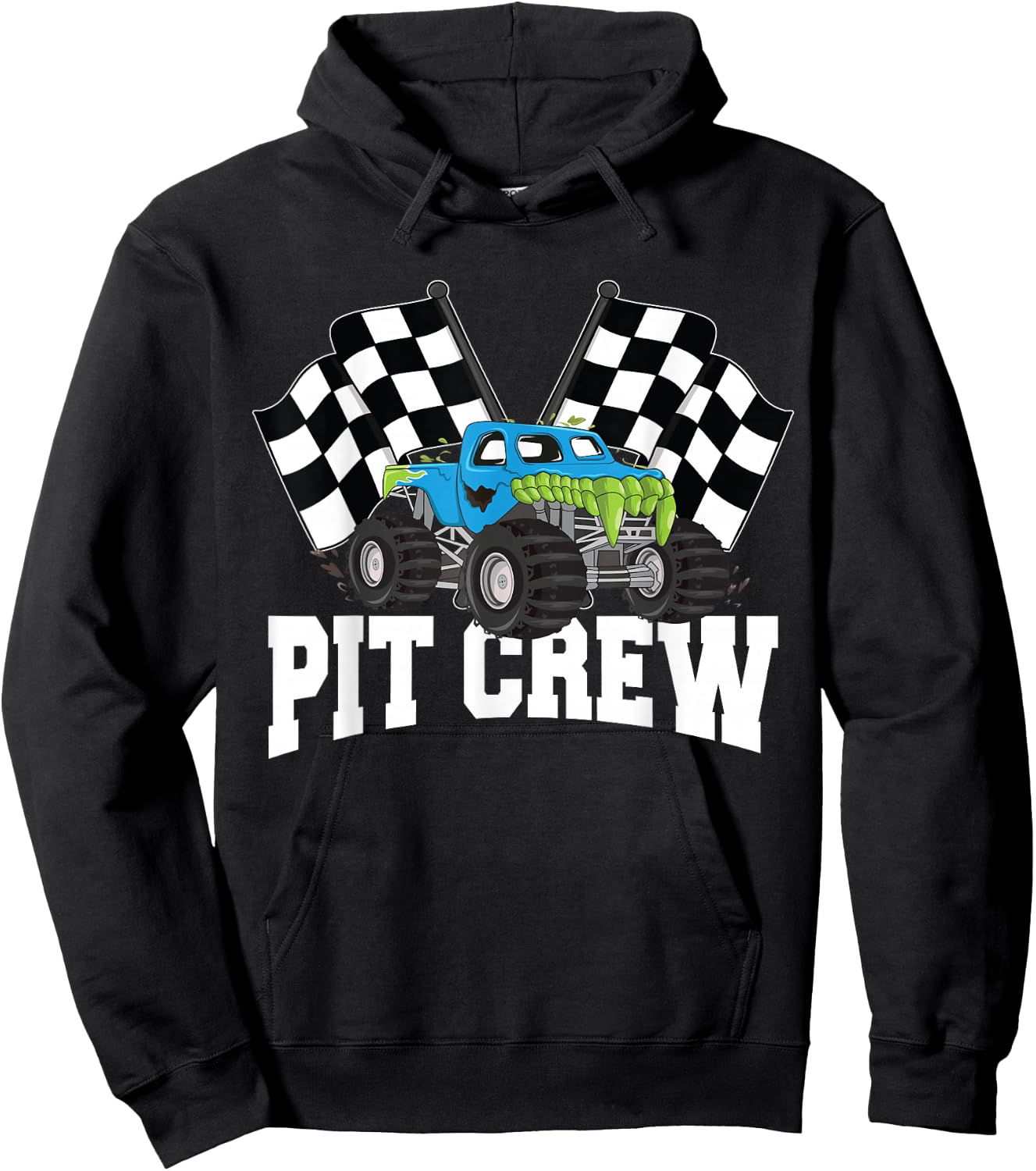 Pit Crew Monster Truck Racing Party and Checked Flag Hoodie - Hoodie | Black