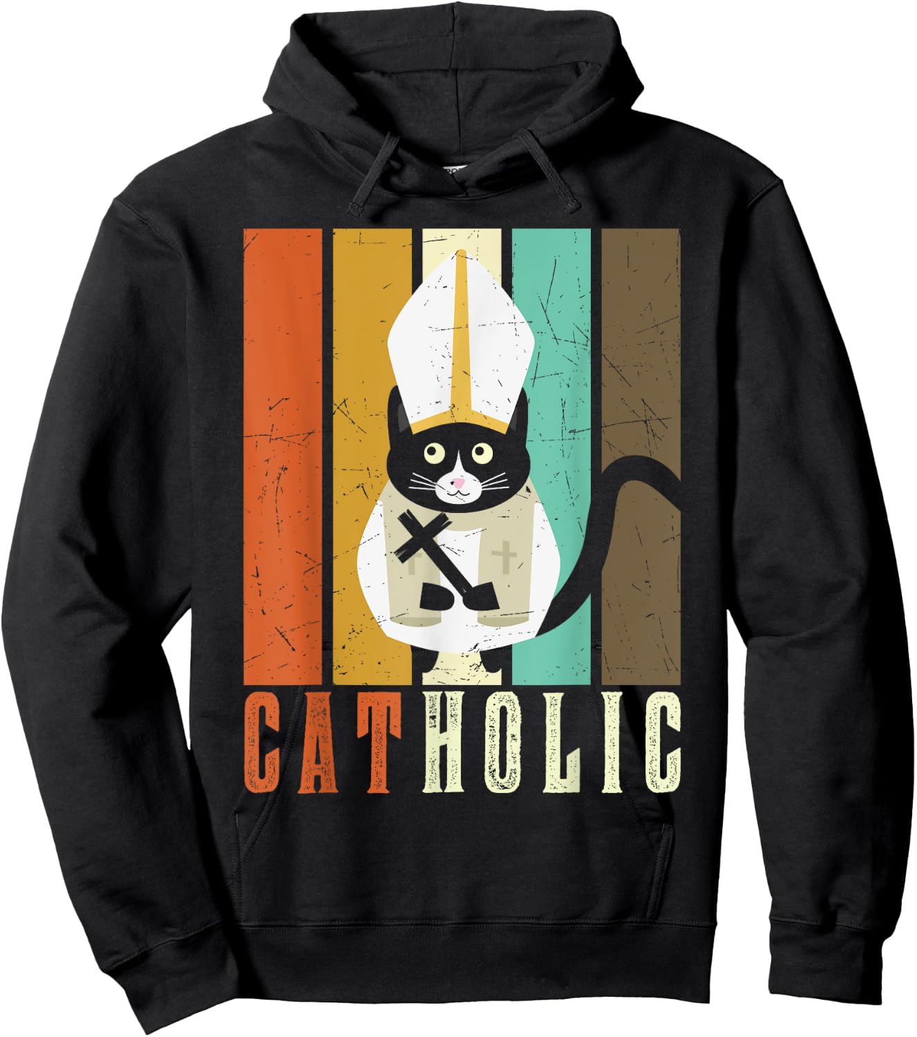 Funny Catholic T Shirts, Cat-holic Cat Lover Retro Vintage Hoodie - Hoodie | Black