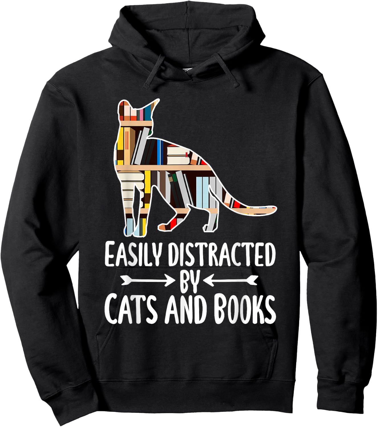 Easily Distracted by Cats And Books Funny Reader Cat Lovers Hoodie - Hoodie | Black