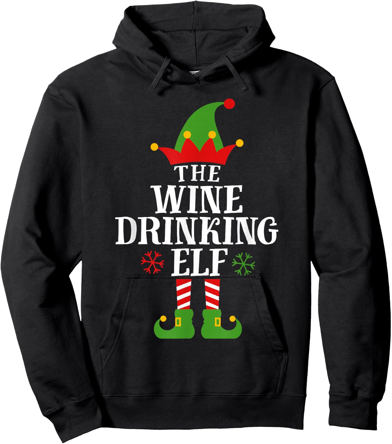 The Wine Drinking Elf Funny Matching Family Christmas Pajama Hoodie - Hoodie | Black