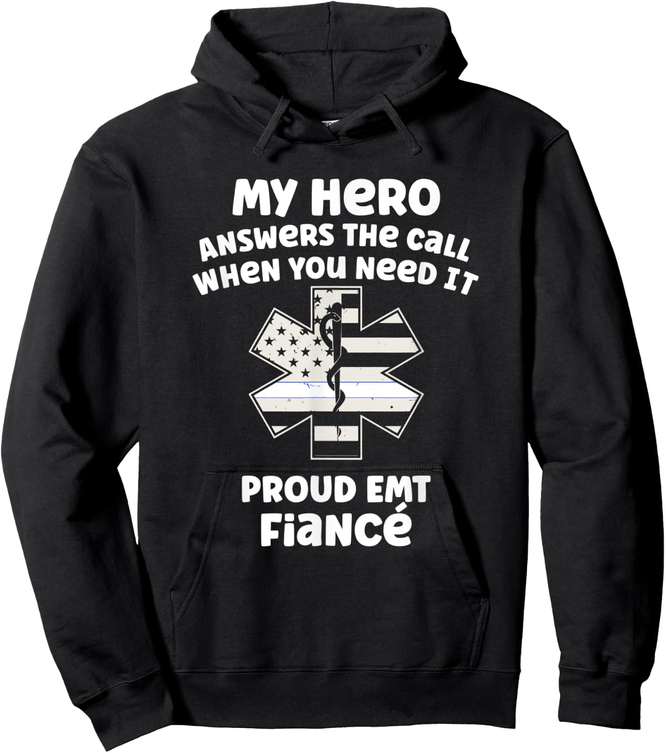 Proud EMT Fiancé Thin White Line American Flag Hoodie - Hoodie | Black