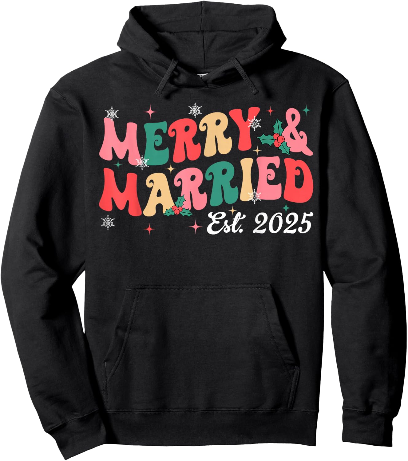 Merry And Married 2025 Groovy Christmas Couples Matching Hoodie - Hoodie | Black