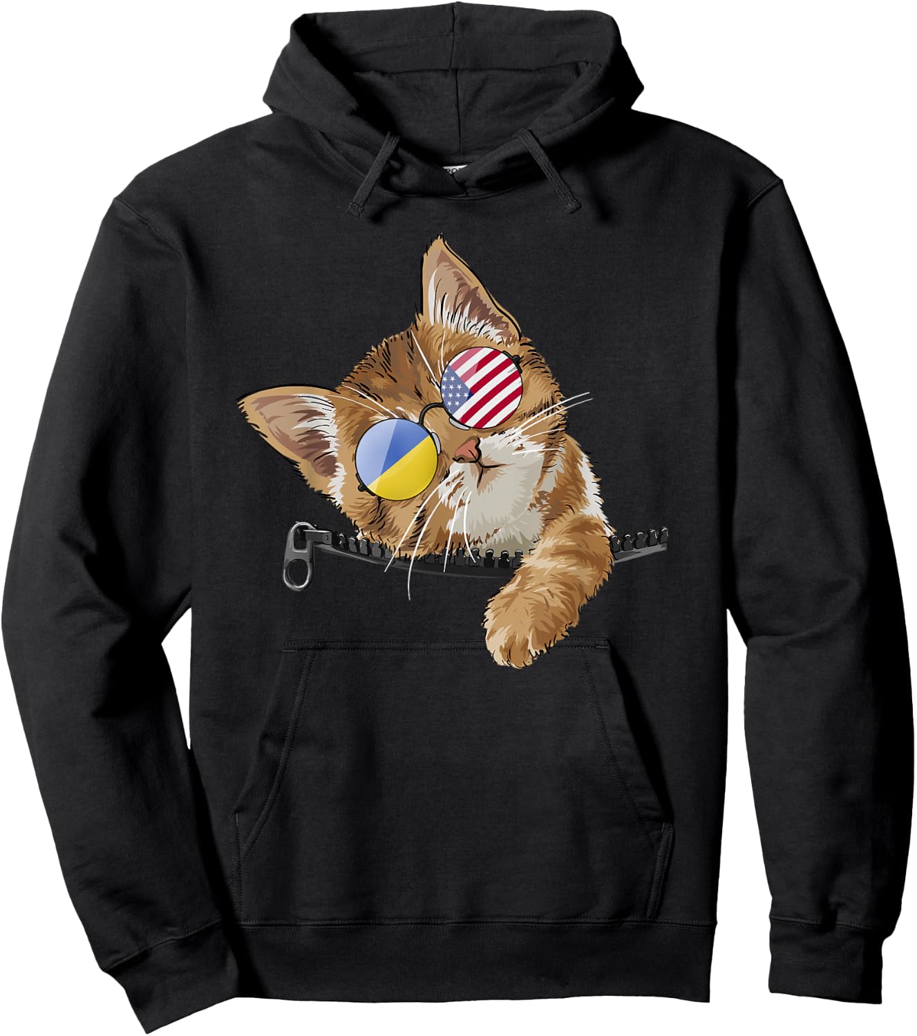 Cute Cat Kitten American Ukrainian Flag Sunglusses Hoodie - Hoodie | Black