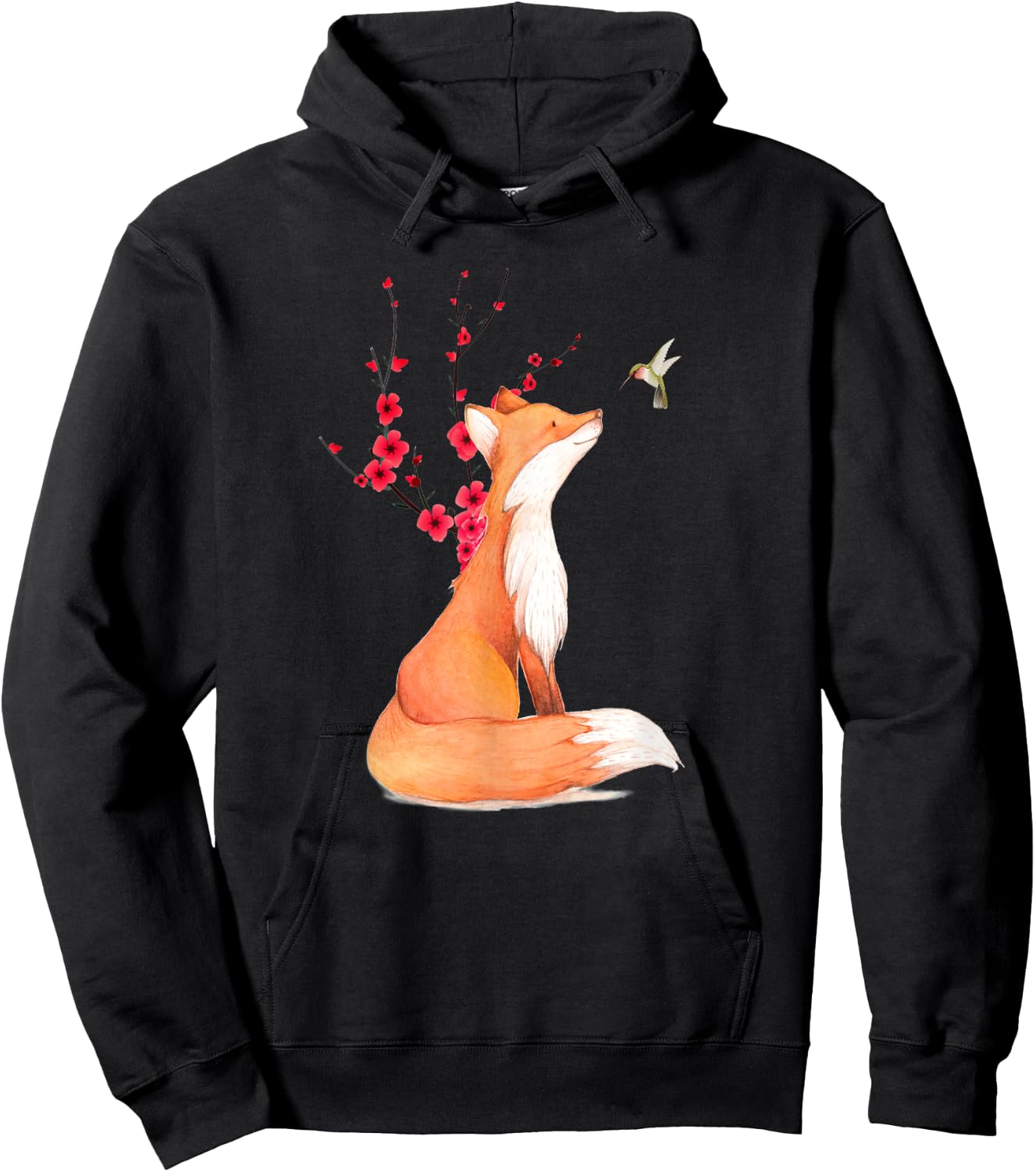 The Cute Fox And Hummingbird Cherry Blossom Flower Present Hoodie - Hoodie | Black