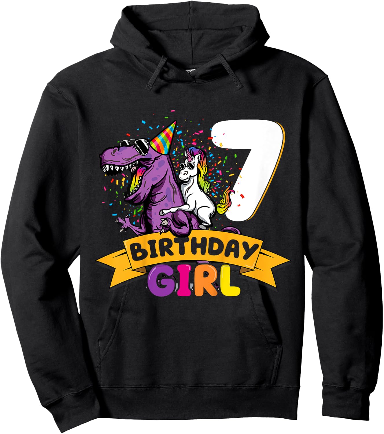 Dinosaur Unicorn 7 Birthday Decoration 7 Dino Girl 7 Years Hoodie - Hoodie | Black