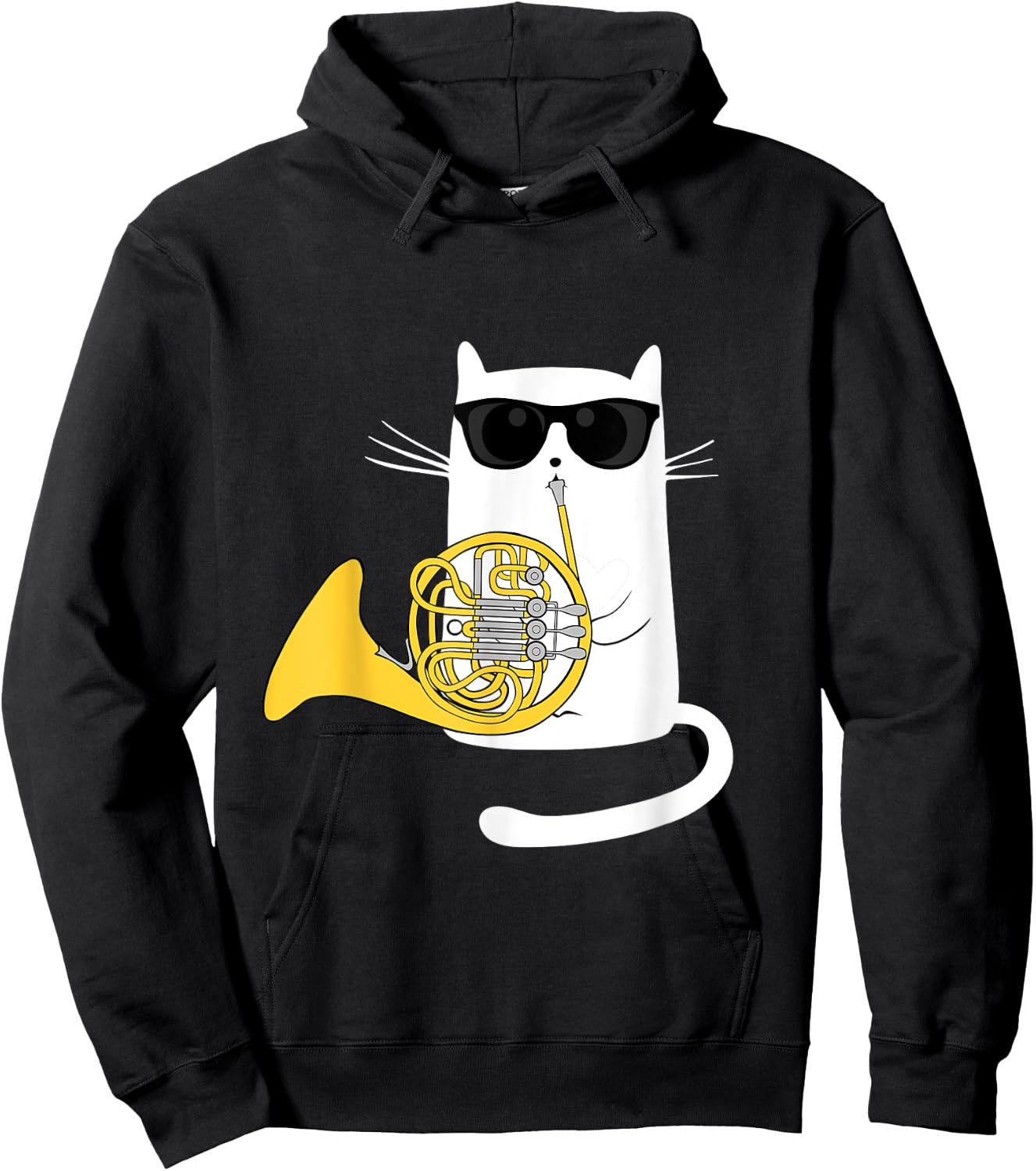 Funny Jazz Cat Wearing Sunglasses Playing French Horn Men Women Girls Kids Hoodie - Hoodie | Black