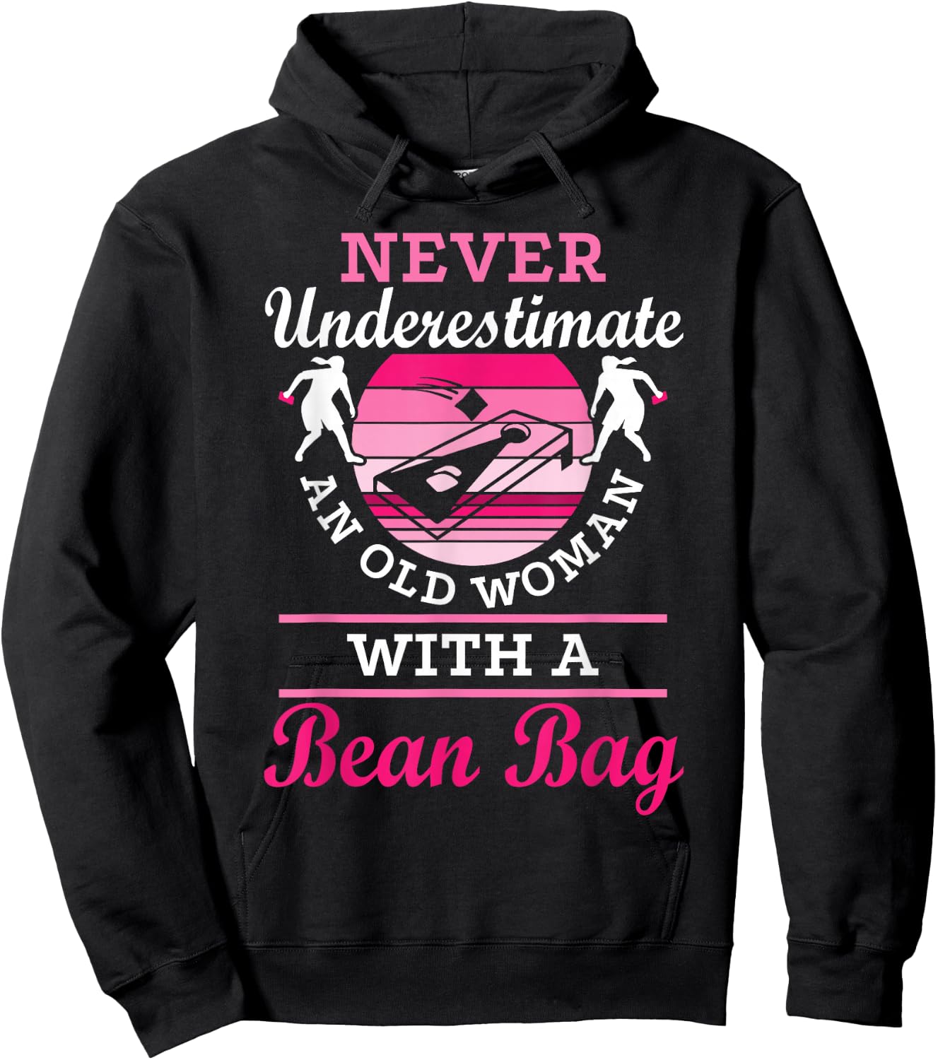 Never Underestimate An Old Woman With A Bean Bag Cornhole Hoodie - Hoodie | Black