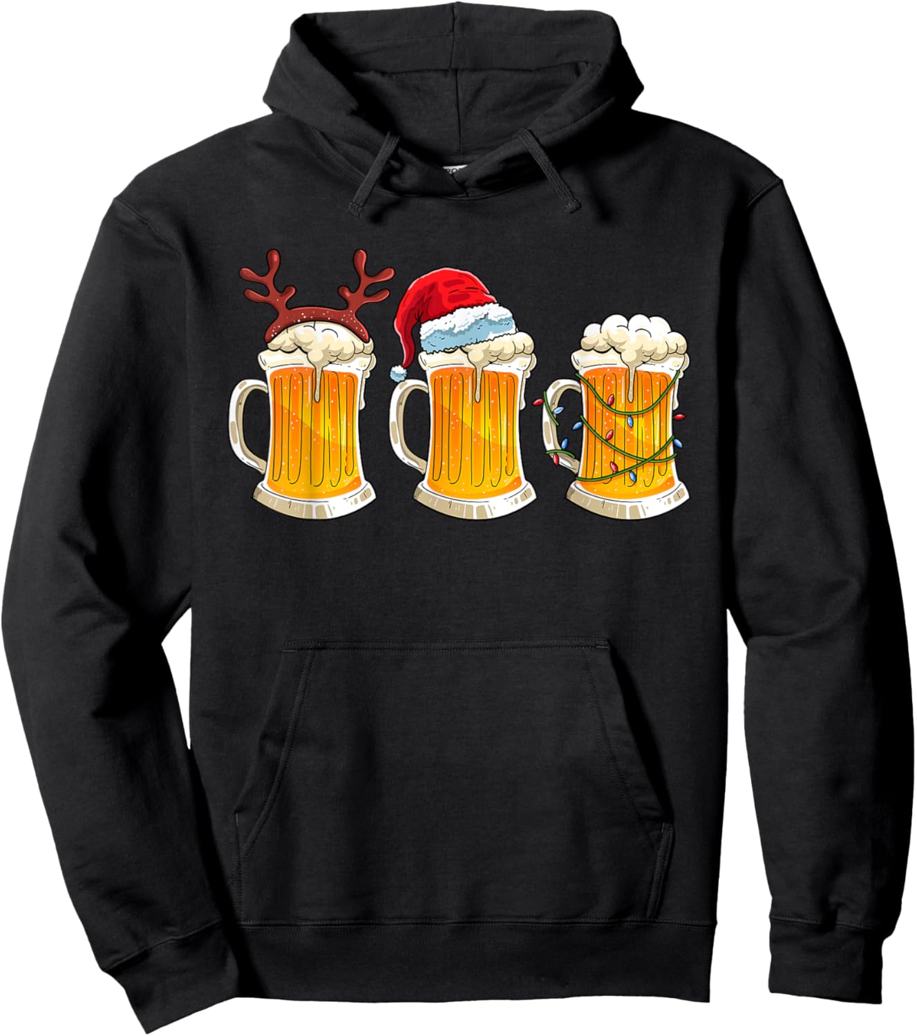 Beer Christmas Mug Santa Hat Reinbeer Xmas Lights Men Gift Hoodie - Hoodie | Black