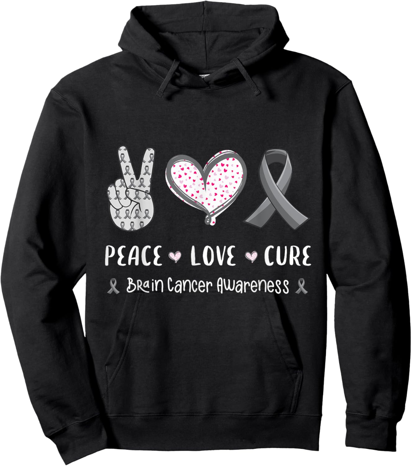 Peace Love cure Brain cancer awareness men women kids tumor Hoodie - Hoodie | Black