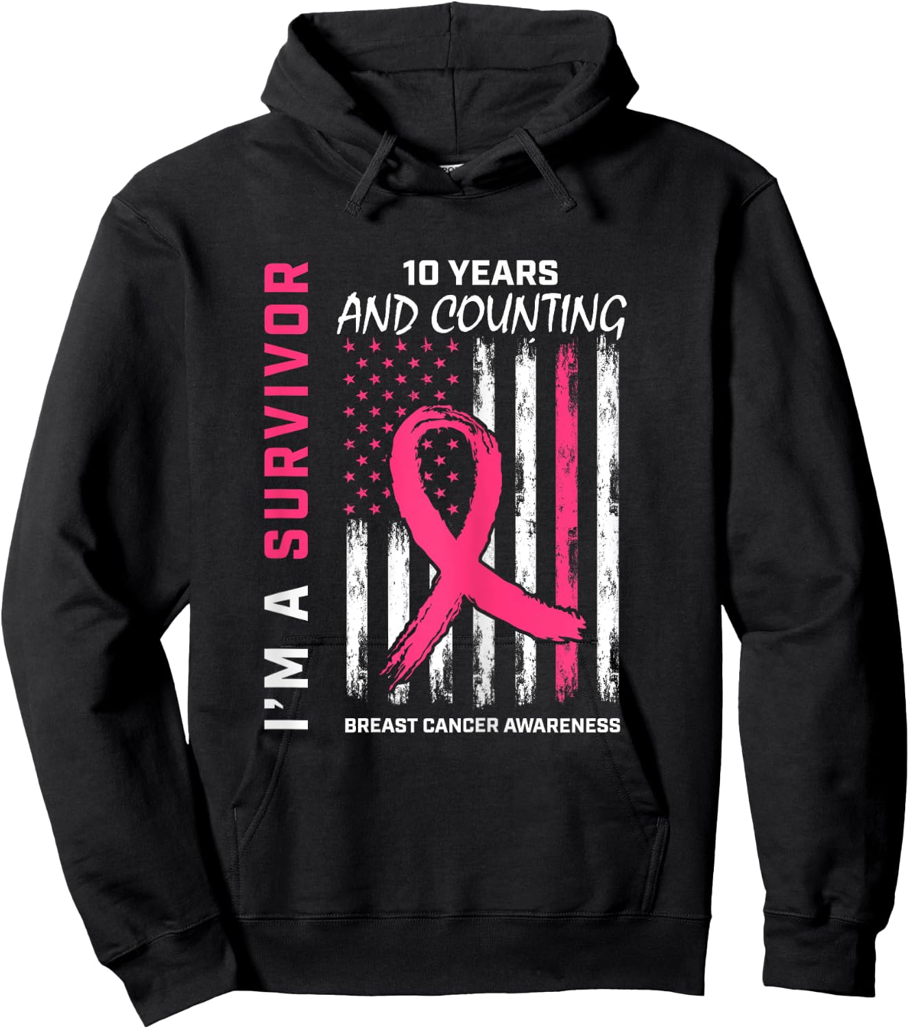 10 Year Survivor Gifts Pink Breast Cancer Free American Flag Hoodie - Hoodie | Black