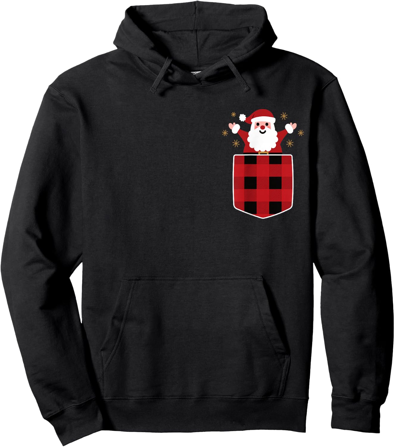 Santa Claus In Red & Black Buffalo Plaid Pocket Christmas Hoodie - Hoodie | Black