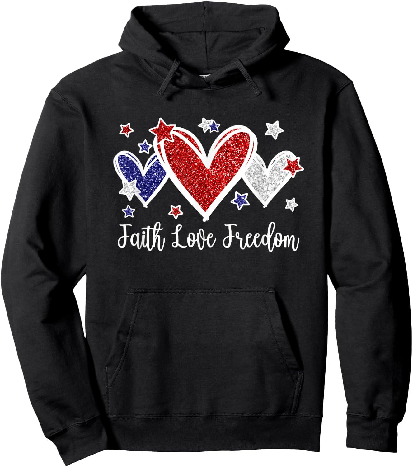 Faith Love Freedom Patriotic American Flag Hearts Hoodie - Hoodie | Black
