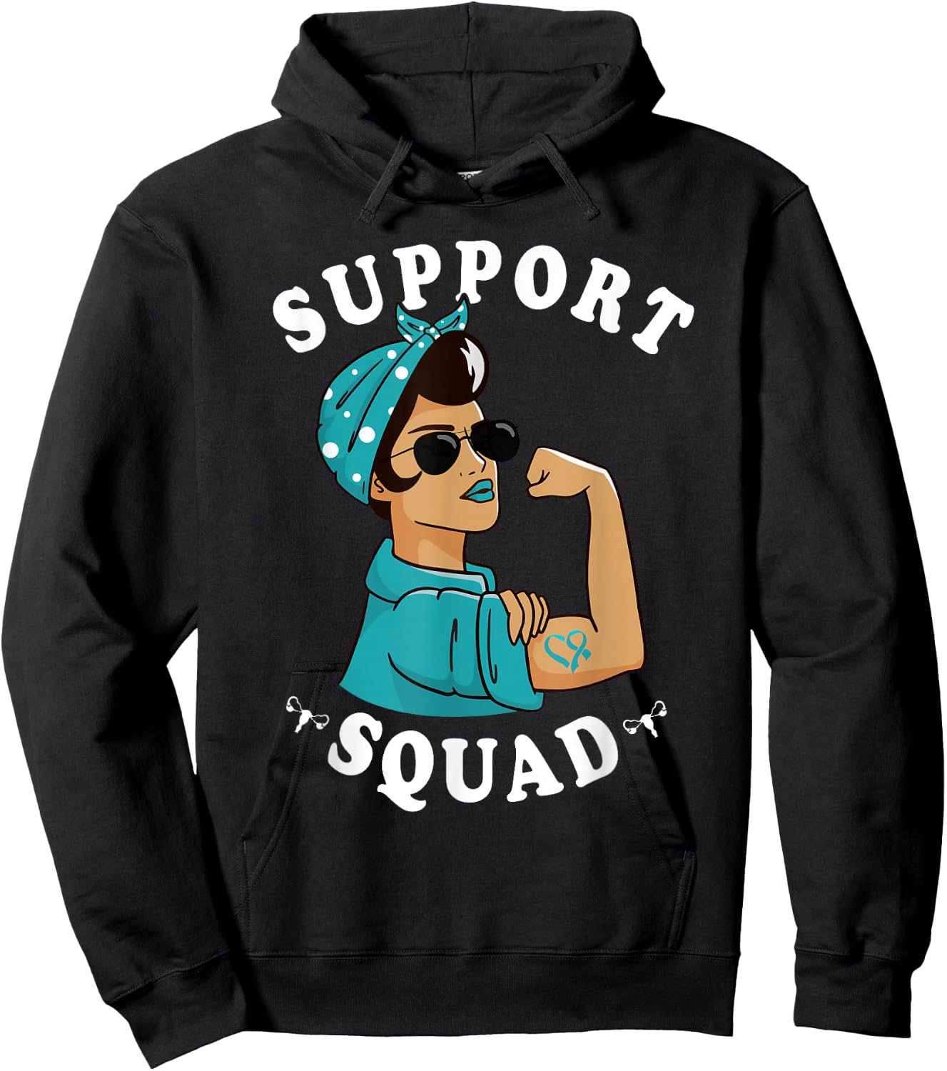 "Support Squad" Teal Ribbon Bandana Women Ovarian Cancer Hoodie - Hoodie | Black