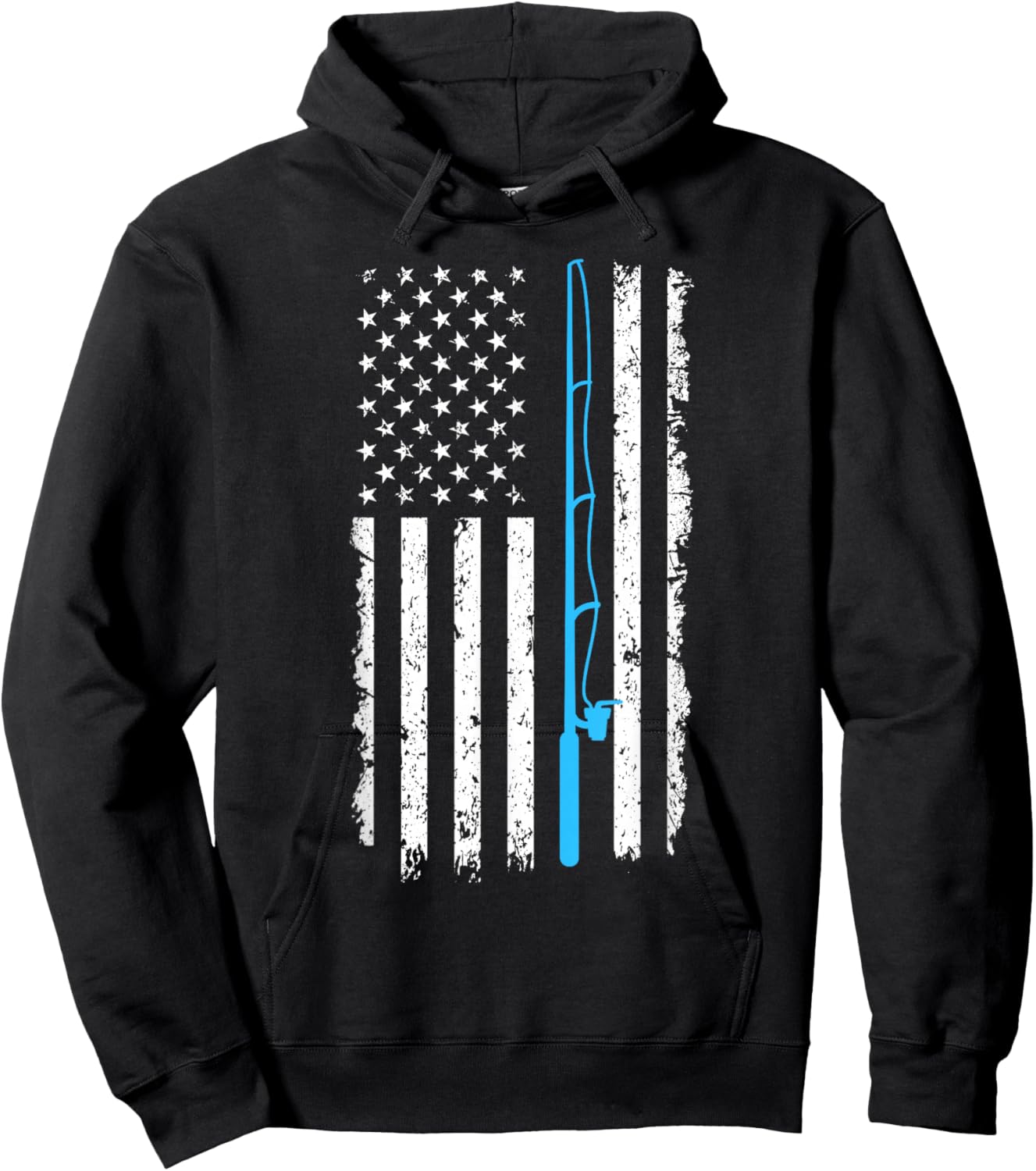 Vintage American Flag Fishing Rod Short Sleeve Hoodie - Hoodie | Black