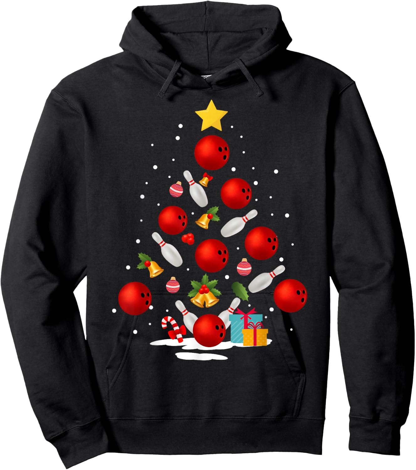 Funny Bowling Christmas Tree Lights Xmas Gifts Women Short Sleeve Hoodie - Hoodie | Black