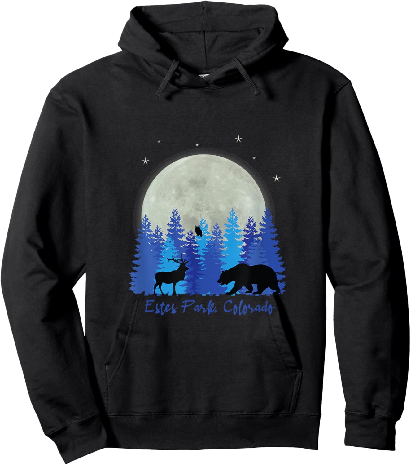 Estes Park Colorado with elk in front of forest and moon. Hoodie - Hoodie | Black