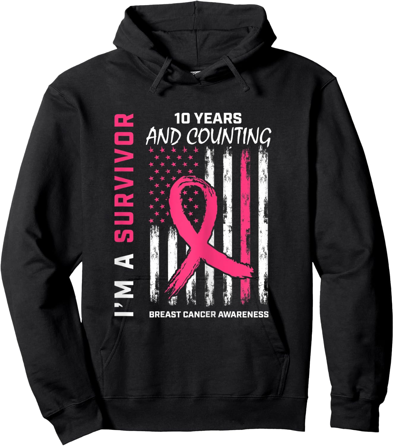American Flag Pink Awareness 10 Year Breast Cancer Survivor Hoodie - Hoodie | Black
