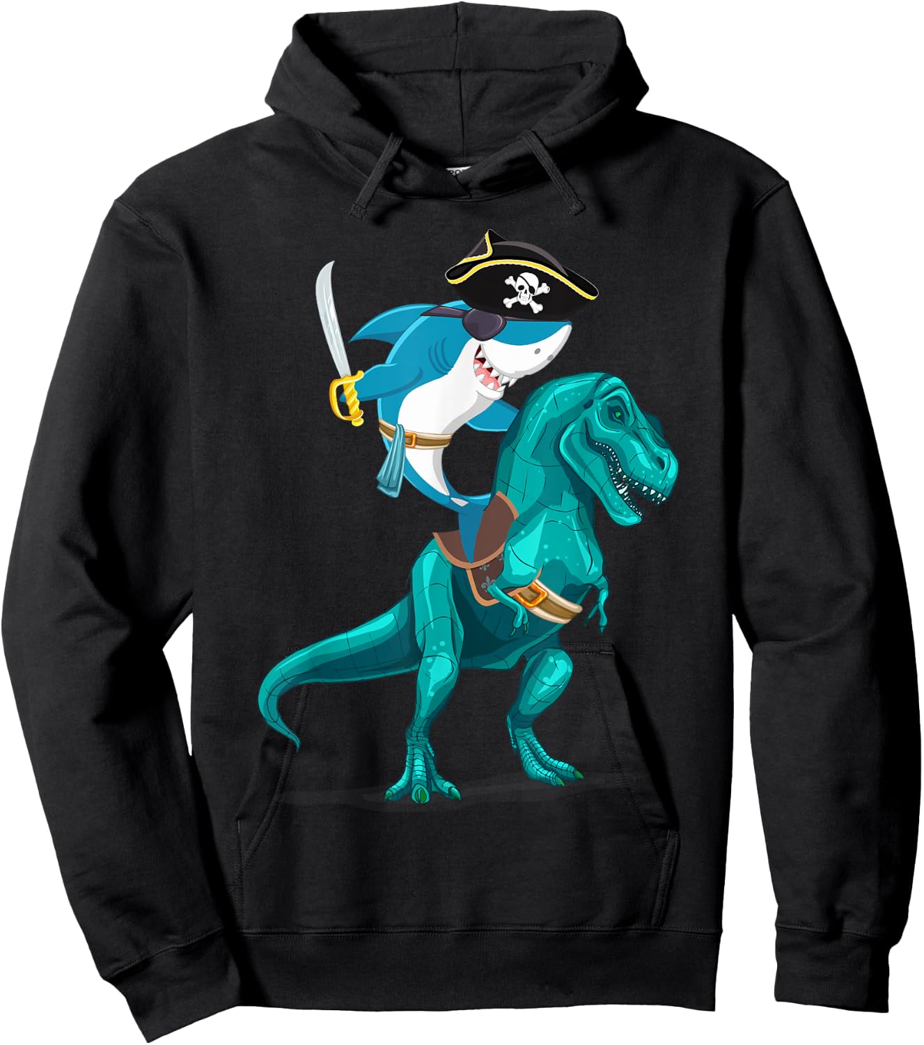 Shark Pirate Riding T Rex Kid Boy Son Grandson Shirt Hoodie - Hoodie | Black