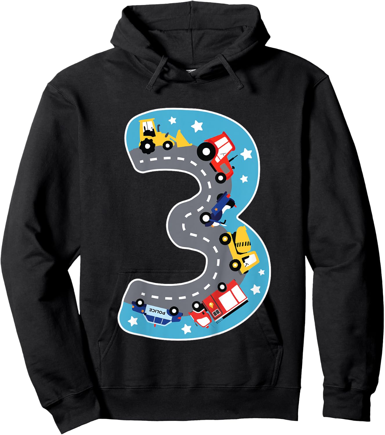 Kids Boys Construction Machinery Fire Brigade Police 3rd Birthday Hoodie - Hoodie | Black