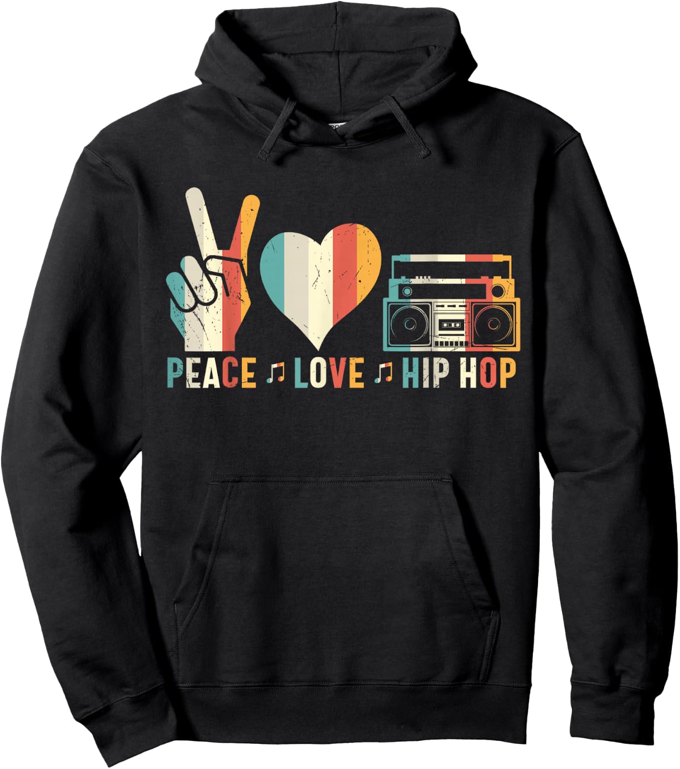 Retro 80's Old School Peace Love Hip Hop Graphic Hoodie - Hoodie | Black