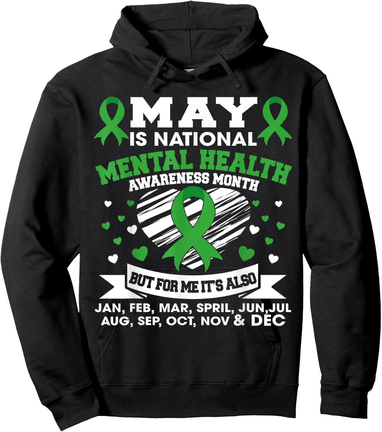 May Is National Mental Health Awareness Month Green Ribbon Hoodie - Hoodie | Black